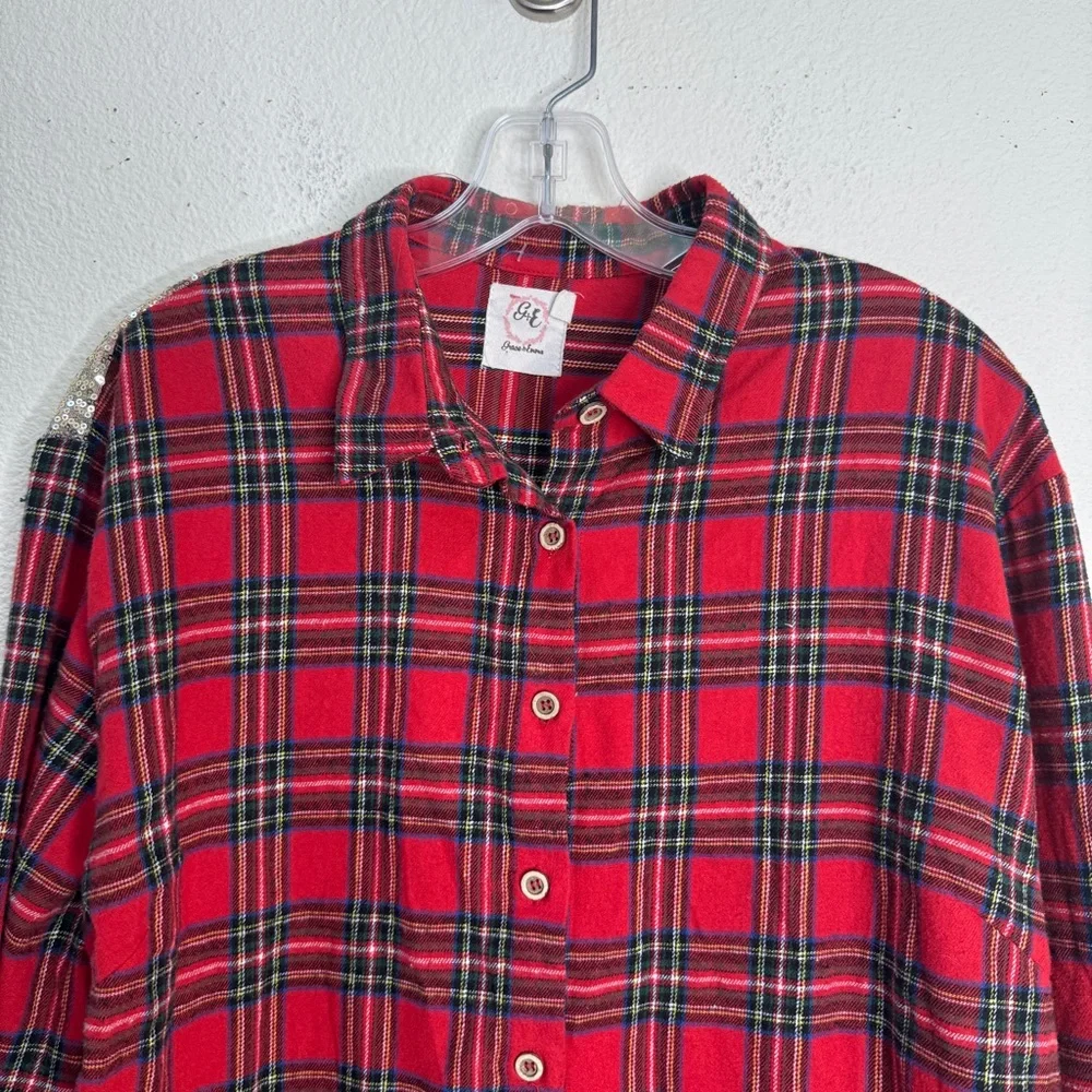 Red Plaid Button-Up Blouse with Sequin Yoke - Picture 5 of 9